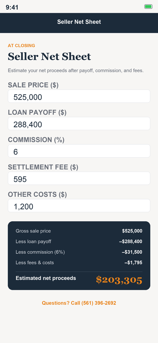 Seller net sheet in the app